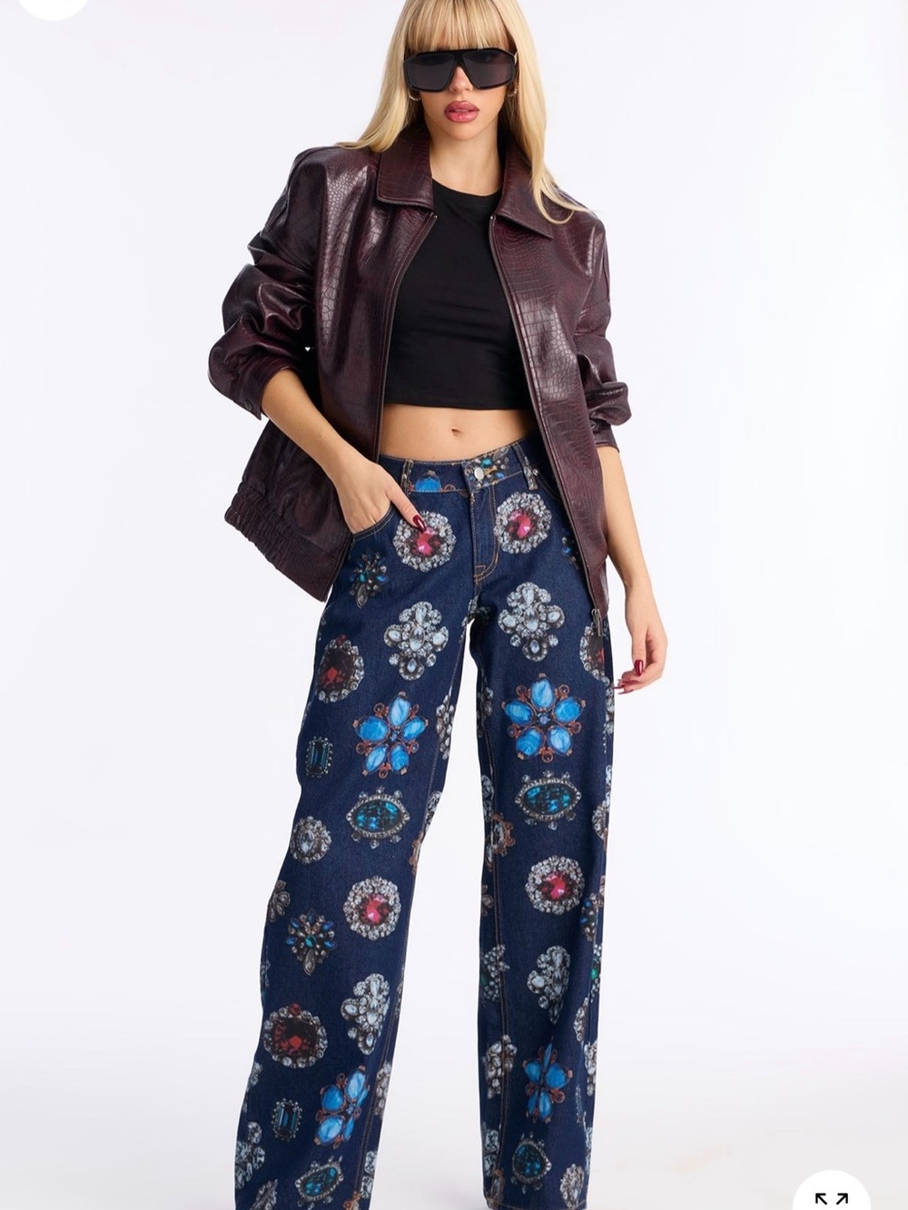 Embellished Wide-Leg Denim Pants in Dark Blue